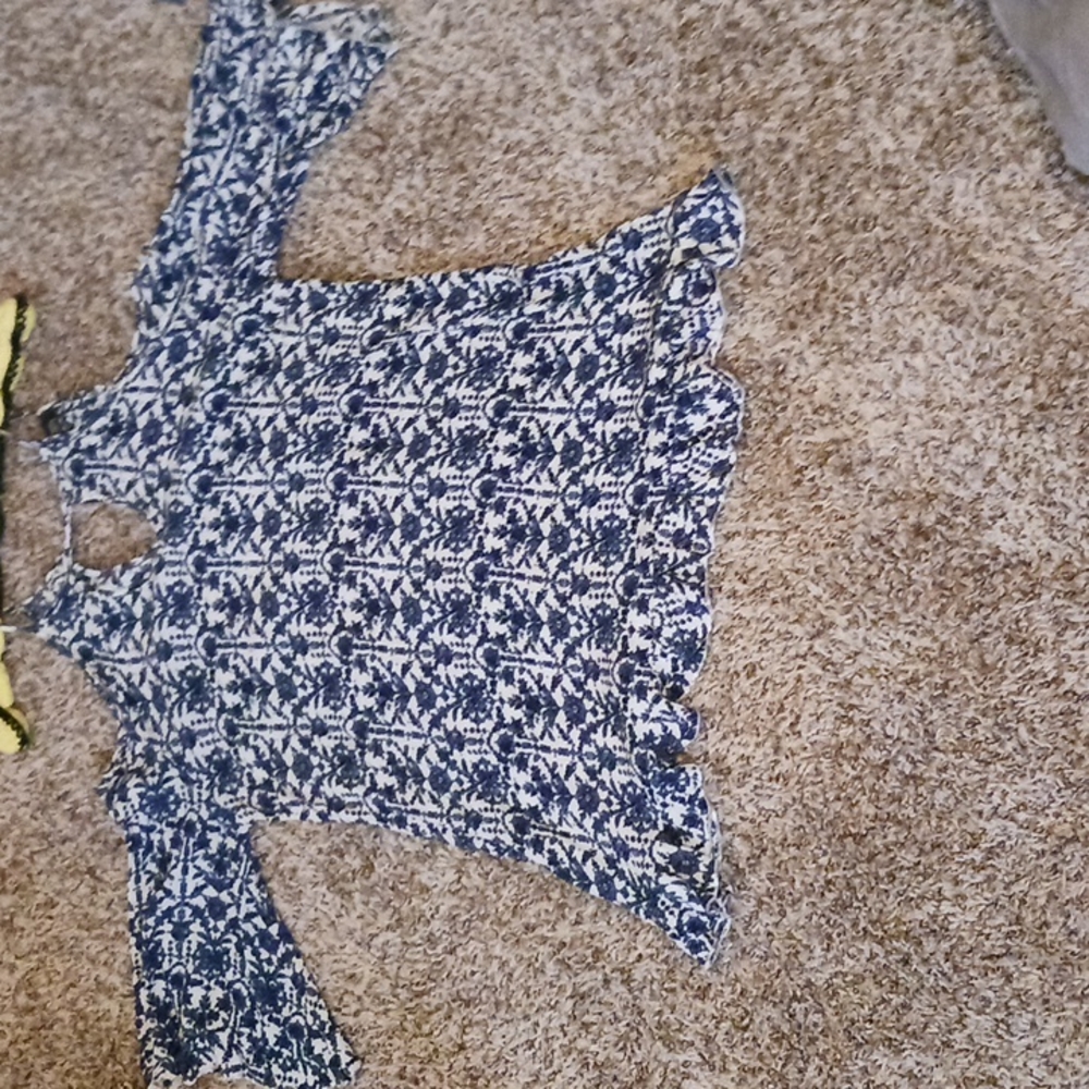 Blouse, blue and cream, shoulderless